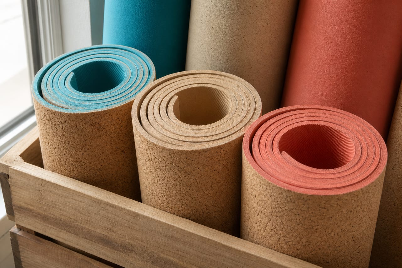 Rolled cork yoga mats in a wooden crate