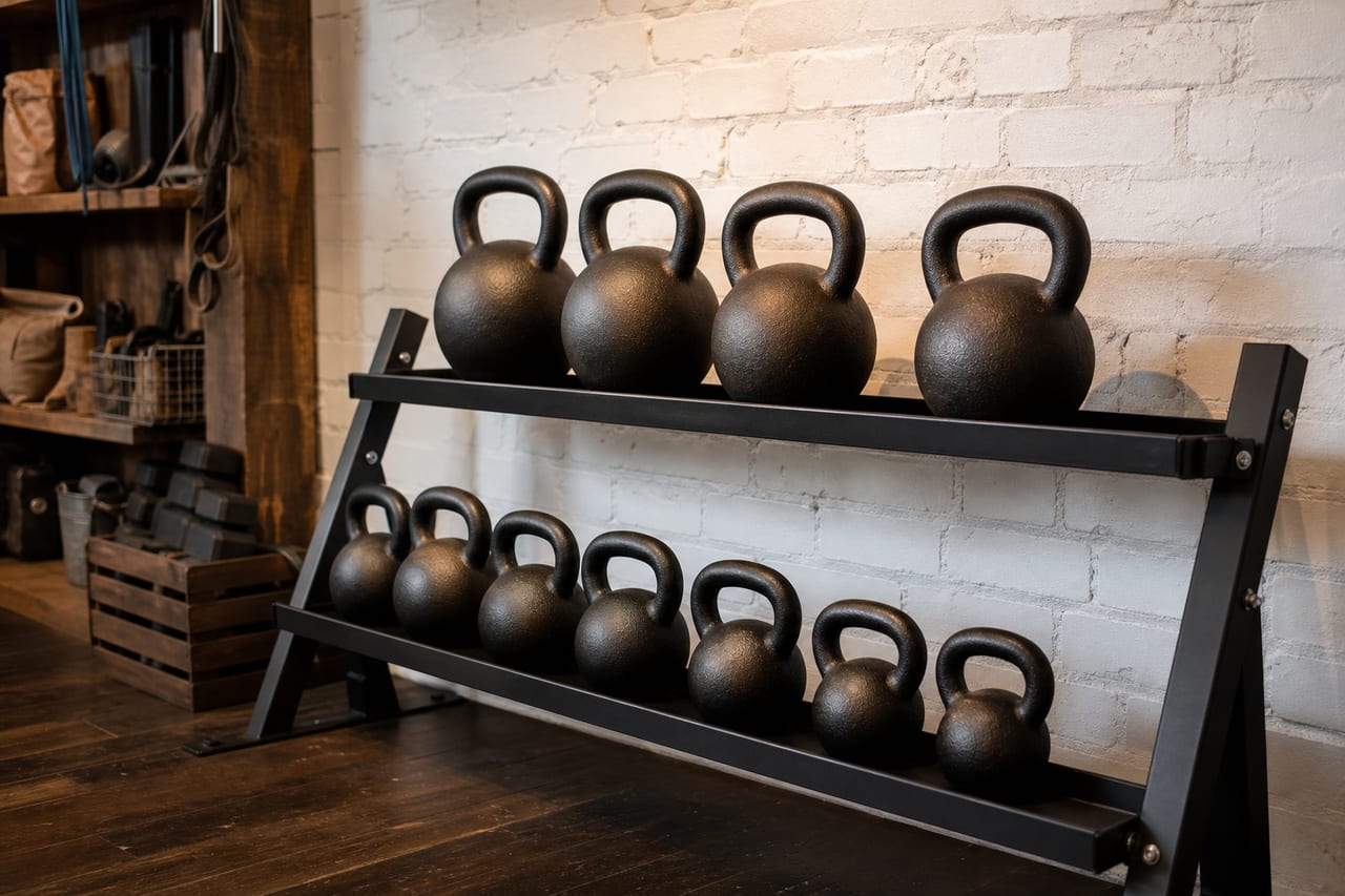 Cast-iron kettlebells on a rack